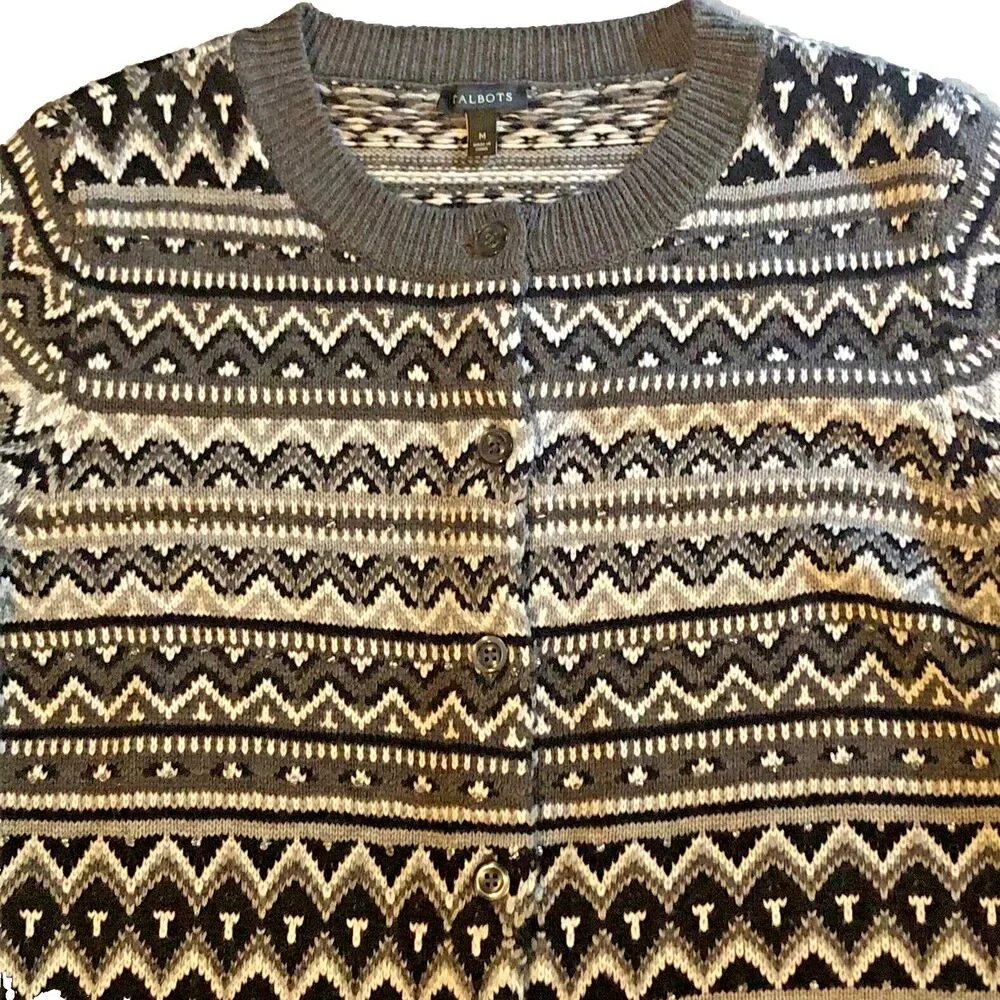 Talbots Lambswool Nordic Cardigan Womens Size M Elegant Beaded Artsy Sweater